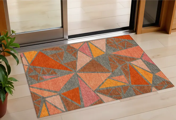 3' X 5' Rust Gray And Pink Geometric Washable Indoor Outdoor Area Rug