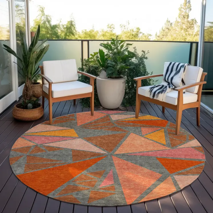 8' Rust Gray And Pink Round Geometric Washable Indoor Outdoor Area Rug