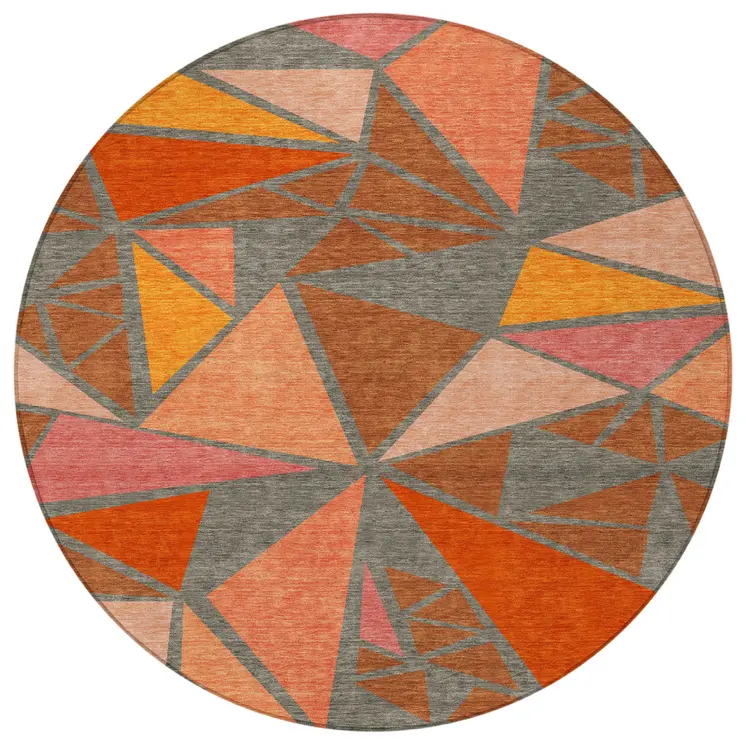 8' Rust Gray And Pink Round Geometric Washable Indoor Outdoor Area Rug