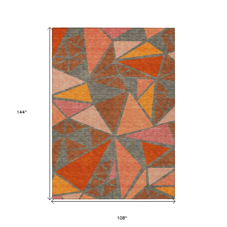 9' X 12' Rust Gray And Pink Geometric Washable Indoor Outdoor Area Rug