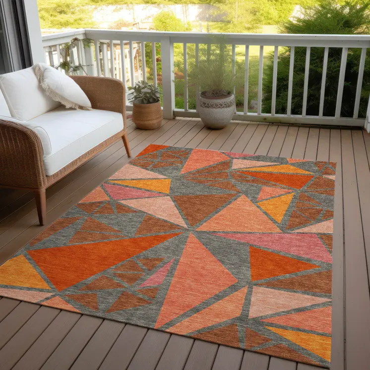 9' X 12' Rust Gray And Pink Geometric Washable Indoor Outdoor Area Rug