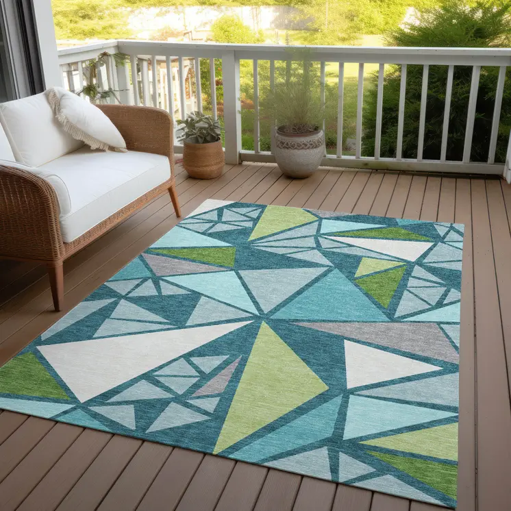 8' X 10' Teal Blue Green And Ivory Geometric Washable Indoor Outdoor Area Rug