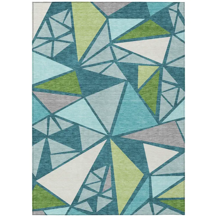 9' X 12' Teal Blue Green And Ivory Geometric Washable Indoor Outdoor Area Rug