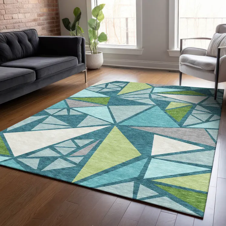 9' X 12' Teal Blue Green And Ivory Geometric Washable Indoor Outdoor Area Rug