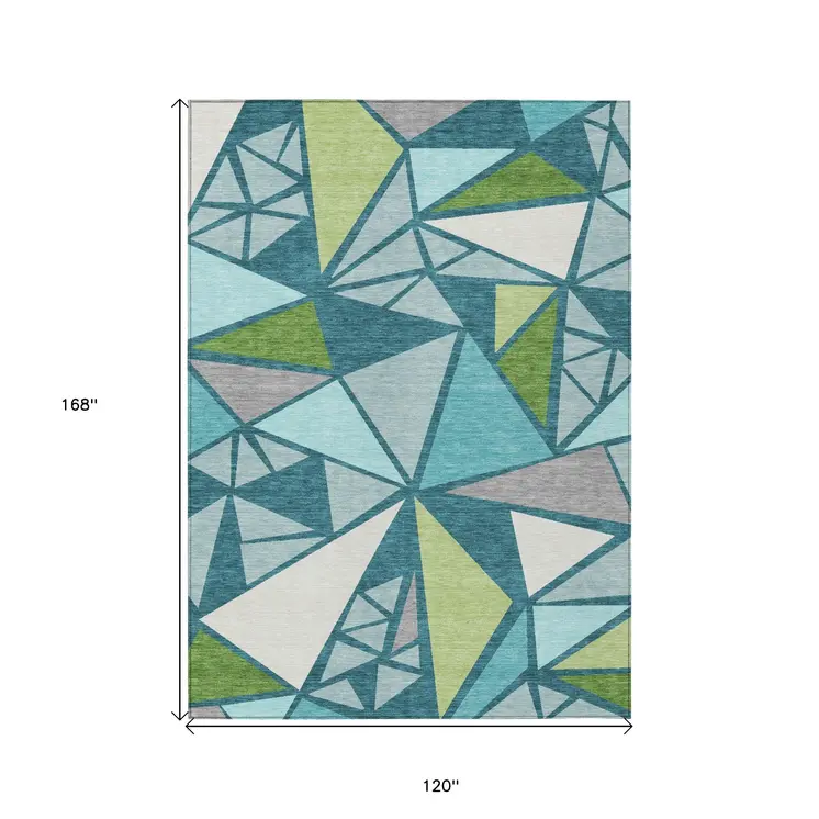 10' X 14' Teal Blue Green And Ivory Geometric Washable Indoor Outdoor Area Rug