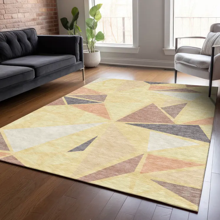 3' X 5' Wheat Brown And Gray Geometric Washable Indoor Outdoor Area Rug