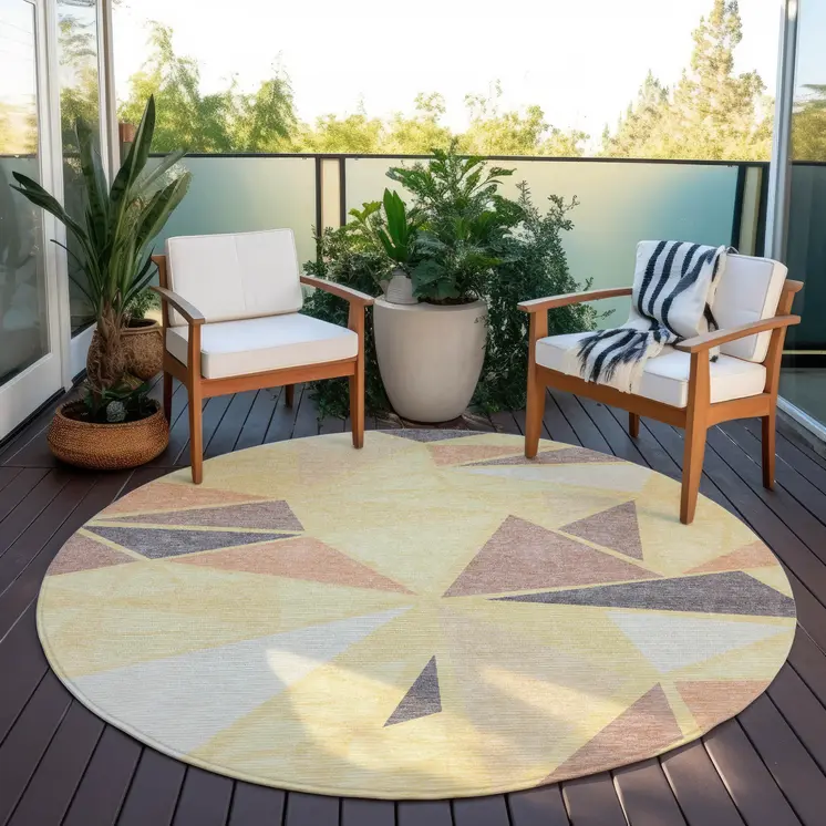 8' Wheat Brown And Gray Round Geometric Washable Indoor Outdoor Area Rug