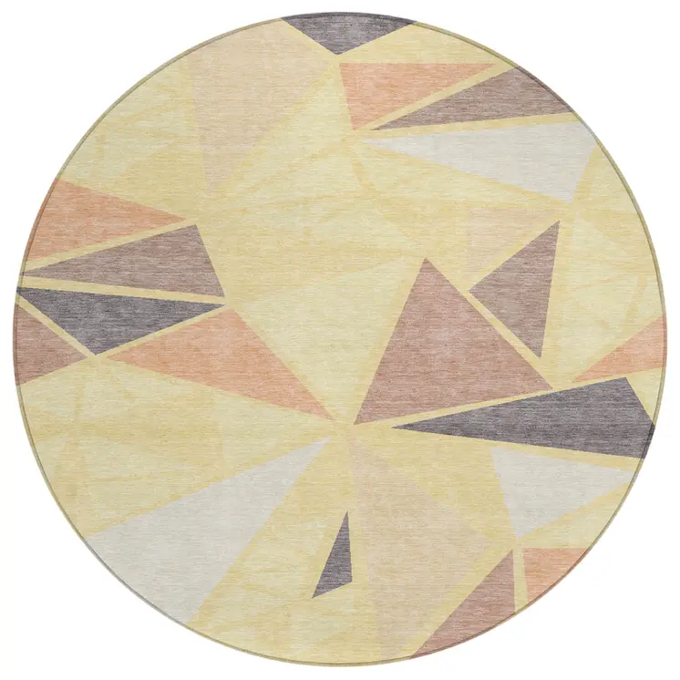 8' Wheat Brown And Gray Round Geometric Washable Indoor Outdoor Area Rug