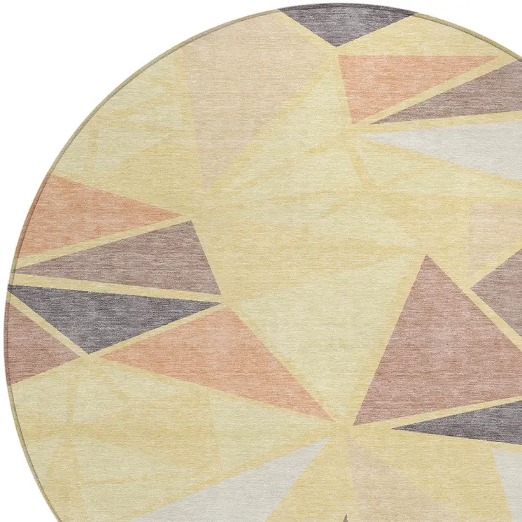8' Wheat Brown And Gray Round Geometric Washable Indoor Outdoor Area Rug