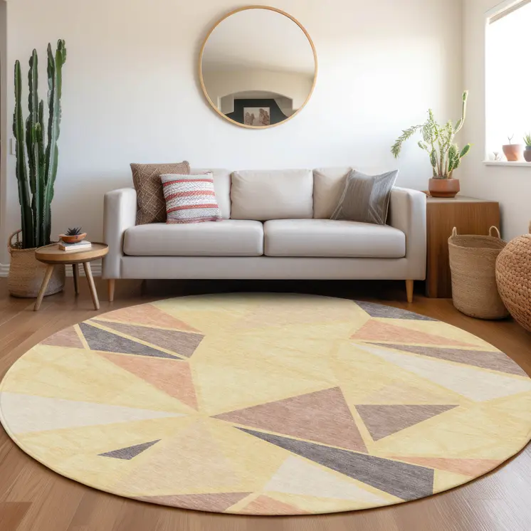 8' Wheat Brown And Gray Round Geometric Washable Indoor Outdoor Area Rug