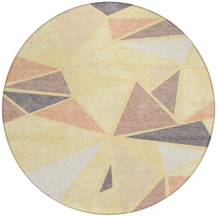 8' Wheat Brown And Gray Round Geometric Washable Indoor Outdoor Area Rug