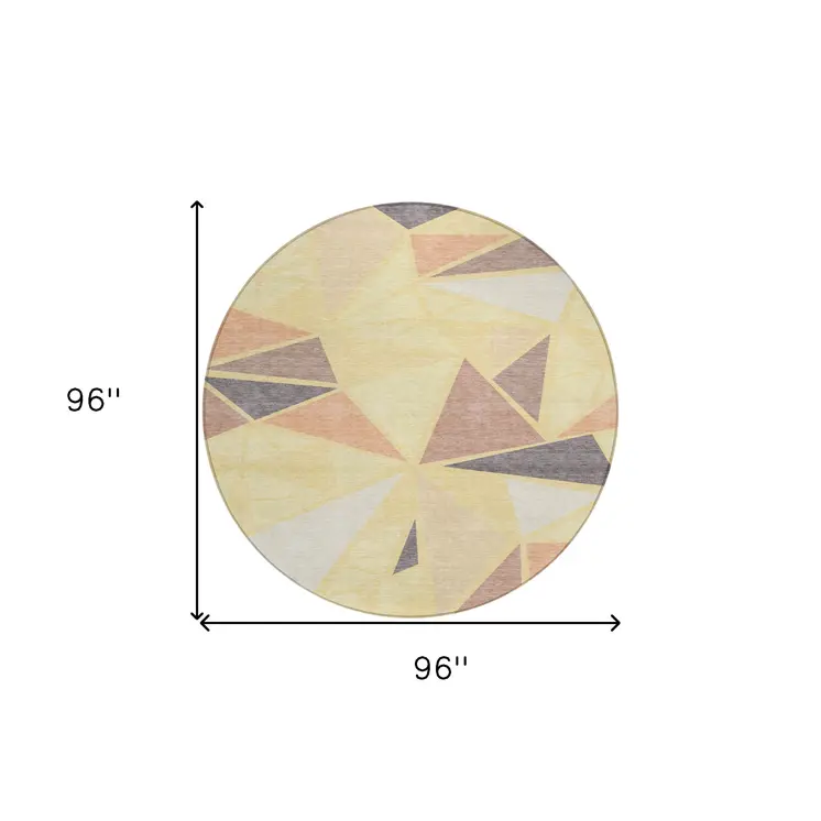 8' Wheat Brown And Gray Round Geometric Washable Indoor Outdoor Area Rug