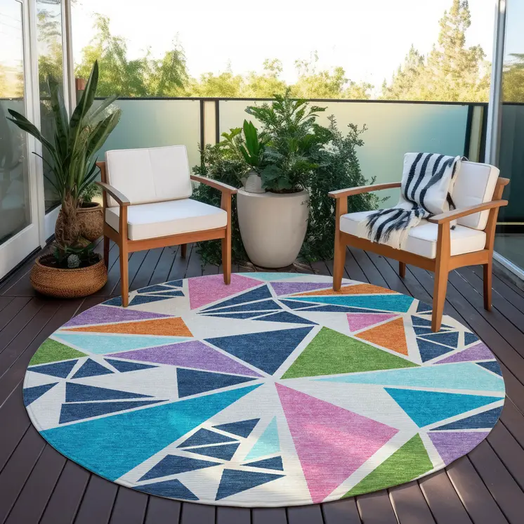 8' Dark Blue Green And Pink Round Geometric Washable Indoor Outdoor Area Rug