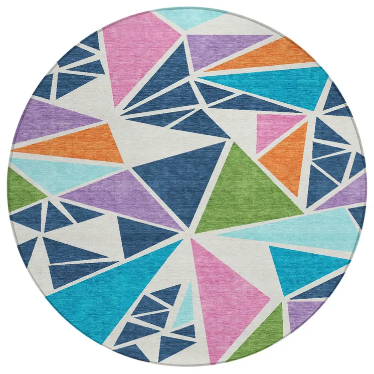 8' Dark Blue Green And Pink Round Geometric Washable Indoor Outdoor Area Rug