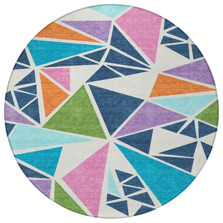 8' Dark Blue Green And Pink Round Geometric Washable Indoor Outdoor Area Rug
