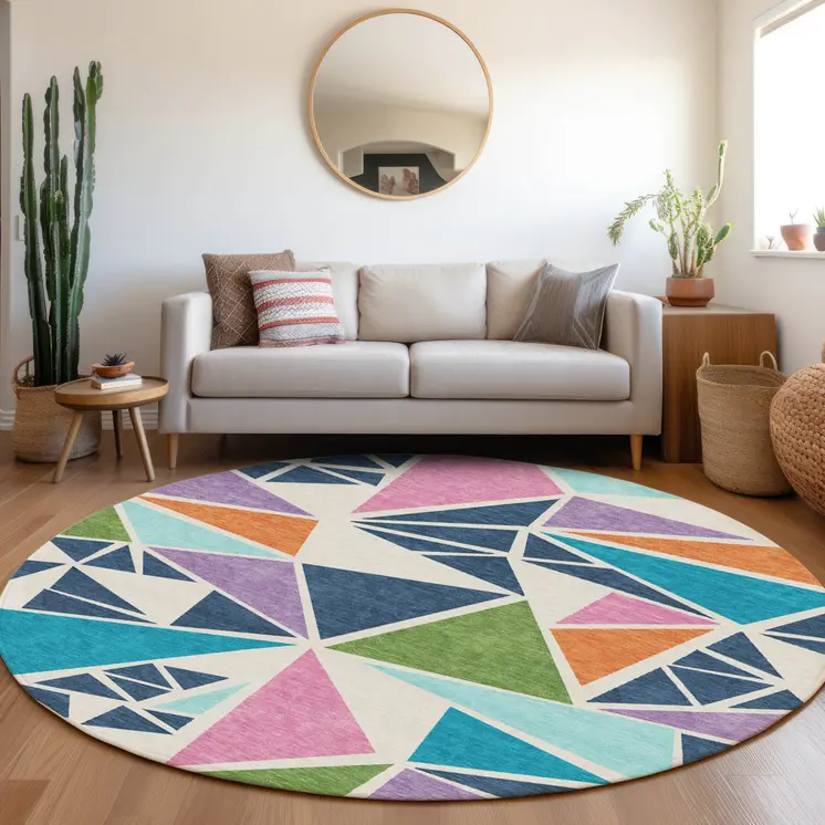 8' Dark Blue Green And Pink Round Geometric Washable Indoor Outdoor Area Rug
