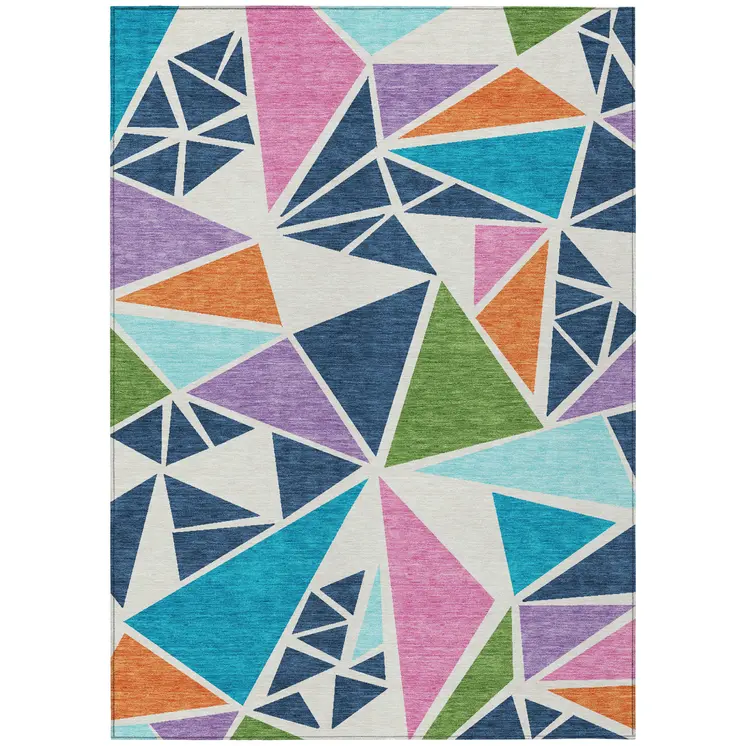 8' X 10' Dark Blue Green And Pink Geometric Washable Indoor Outdoor Area Rug