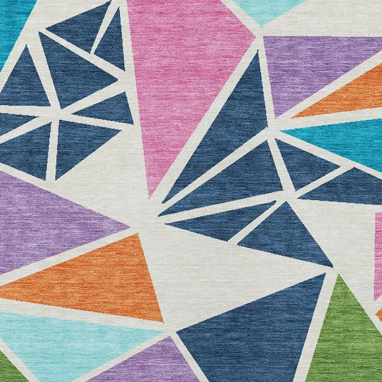 8' X 10' Dark Blue Green And Pink Geometric Washable Indoor Outdoor Area Rug