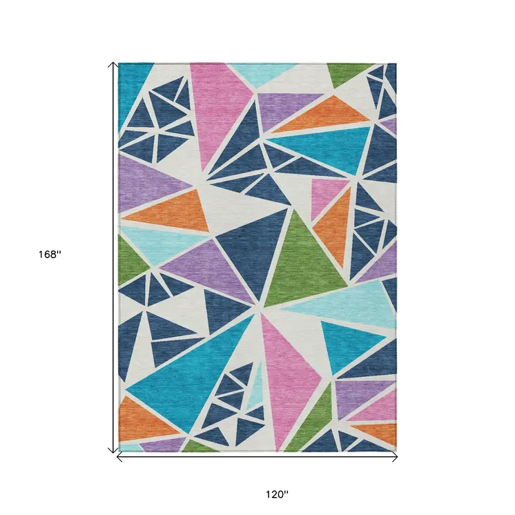 10' X 14' Dark Blue Green And Pink Geometric Washable Indoor Outdoor Area Rug