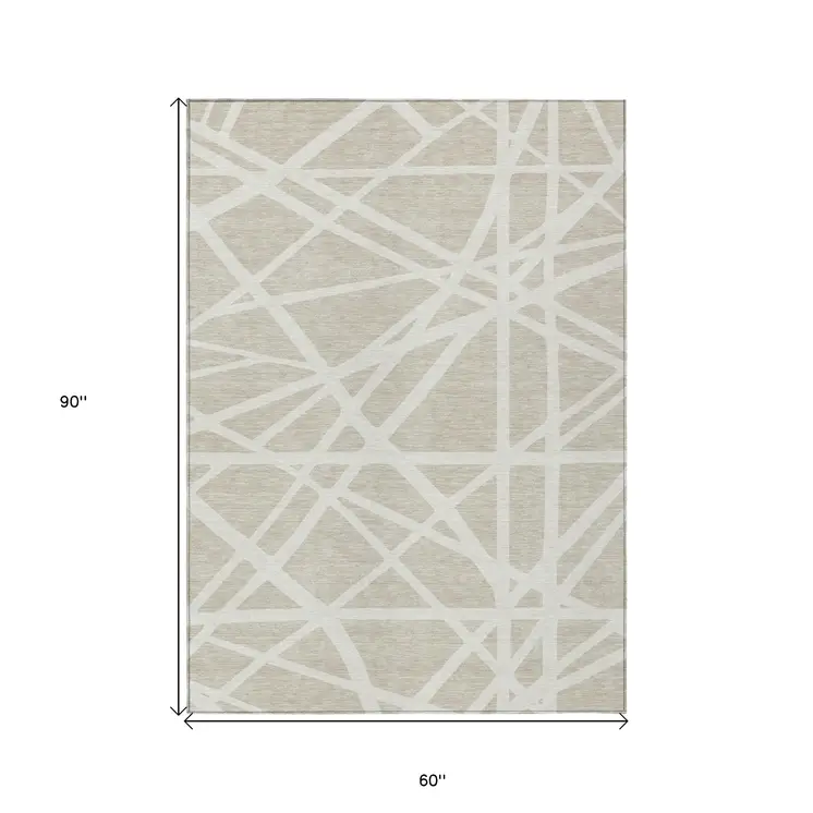 5' X 8' Beige And Ivory Geometric Washable Indoor Outdoor Area Rug