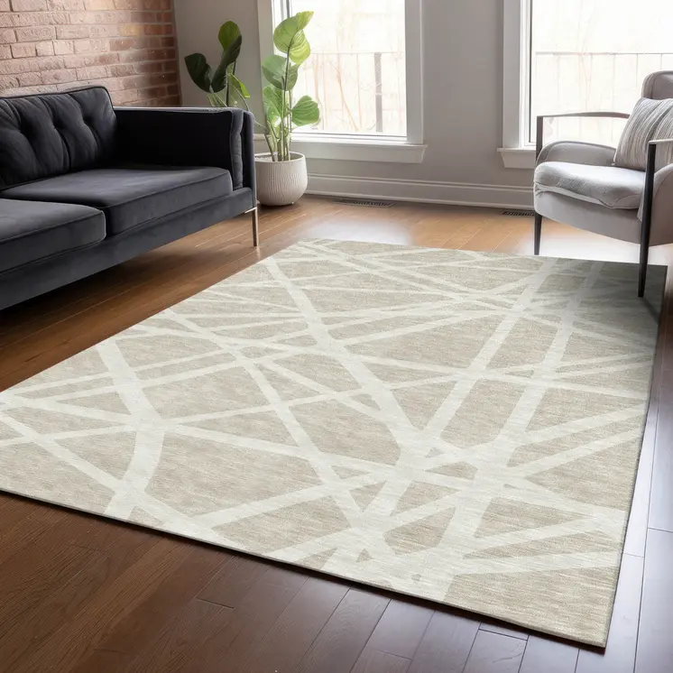 5' X 8' Beige And Ivory Geometric Washable Indoor Outdoor Area Rug