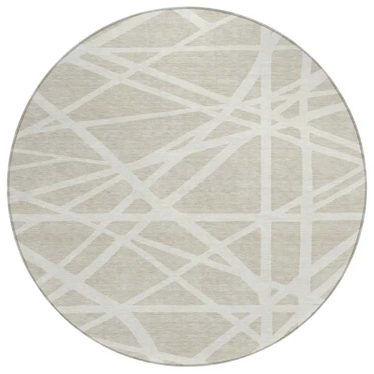 8' Beige And Ivory Round Geometric Washable Indoor Outdoor Area Rug