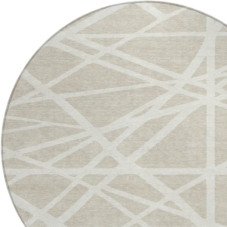 8' Beige And Ivory Round Geometric Washable Indoor Outdoor Area Rug