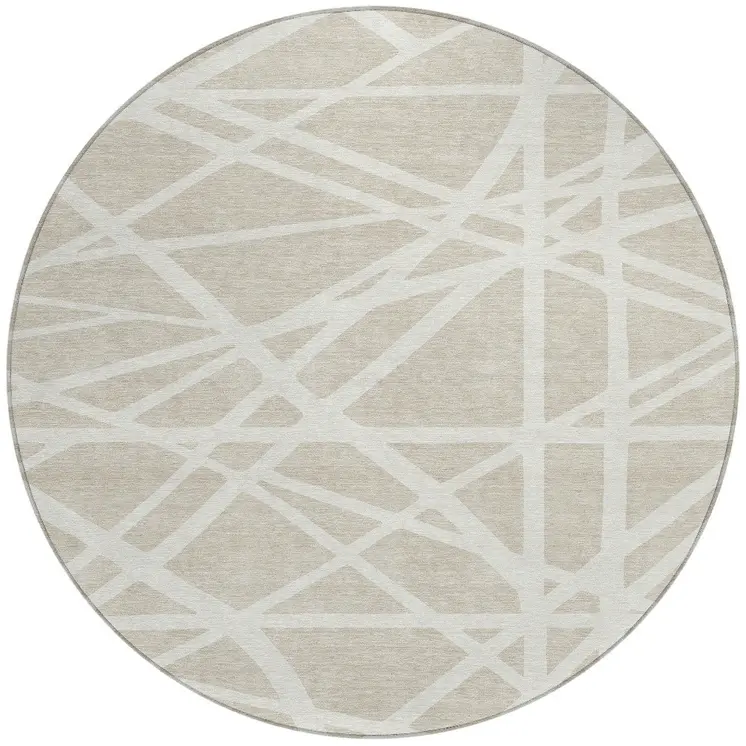 8' Beige And Ivory Round Geometric Washable Indoor Outdoor Area Rug