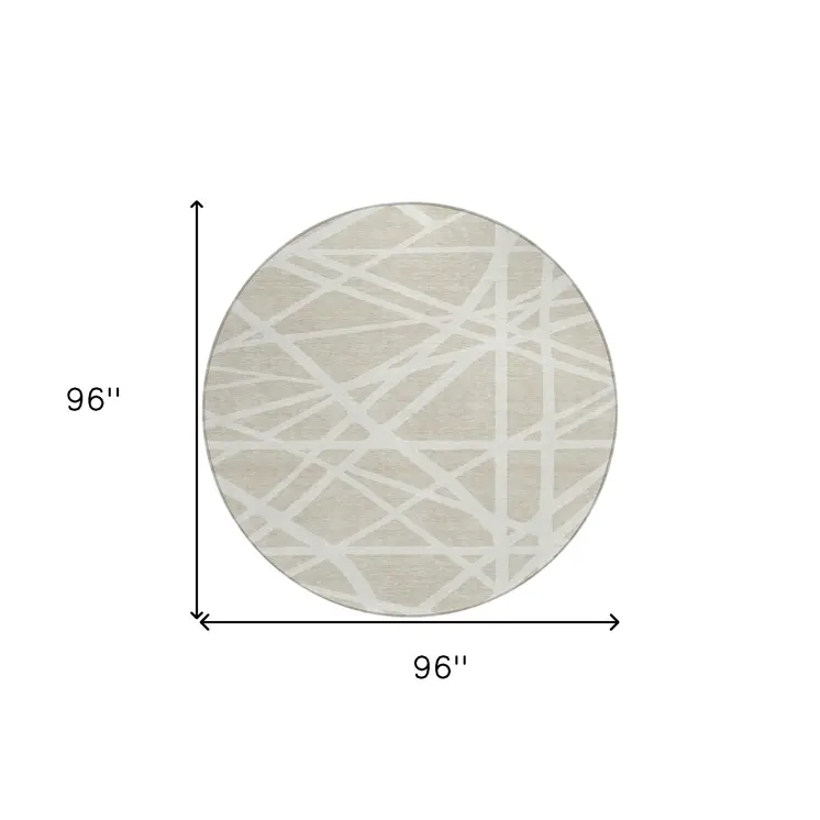 8' Beige And Ivory Round Geometric Washable Indoor Outdoor Area Rug