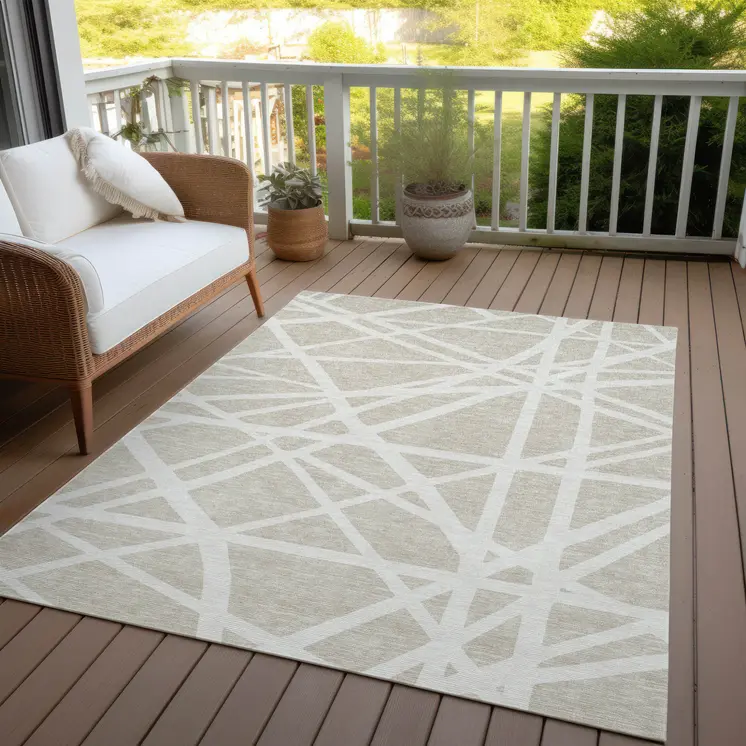 8' X 10' Beige And Ivory Geometric Washable Indoor Outdoor Area Rug