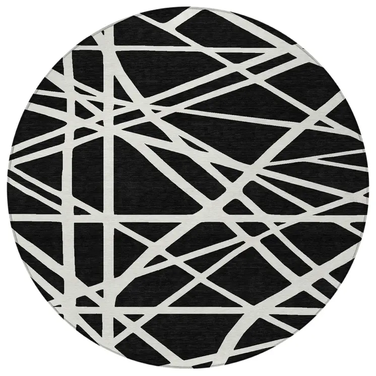8' Black And Ivory Round Geometric Washable Indoor Outdoor Area Rug