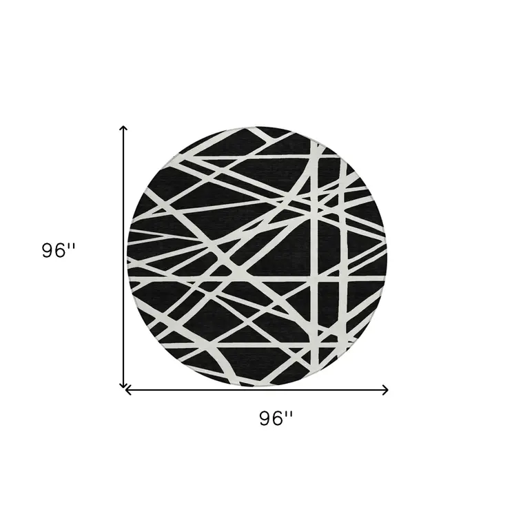 8' Black And Ivory Round Geometric Washable Indoor Outdoor Area Rug