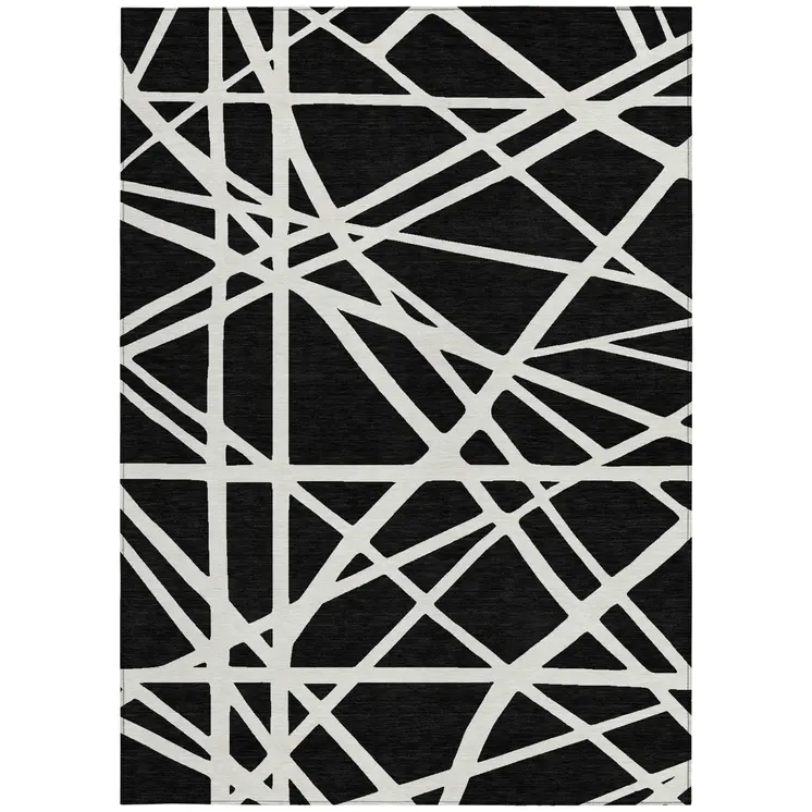 9' X 12' Black And Ivory Geometric Washable Indoor Outdoor Area Rug