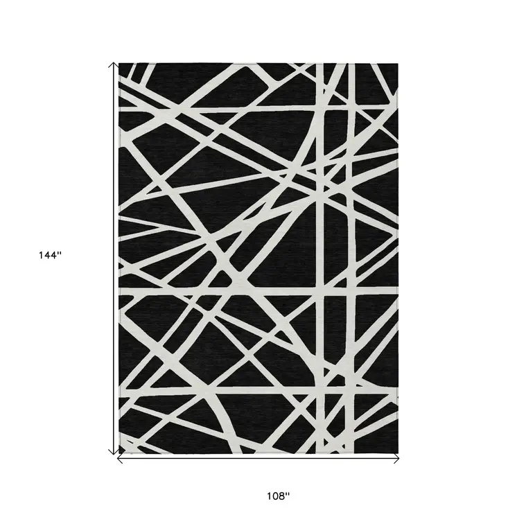 9' X 12' Black And Ivory Geometric Washable Indoor Outdoor Area Rug