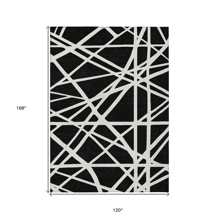 10' X 14' Black And Ivory Geometric Washable Indoor Outdoor Area Rug