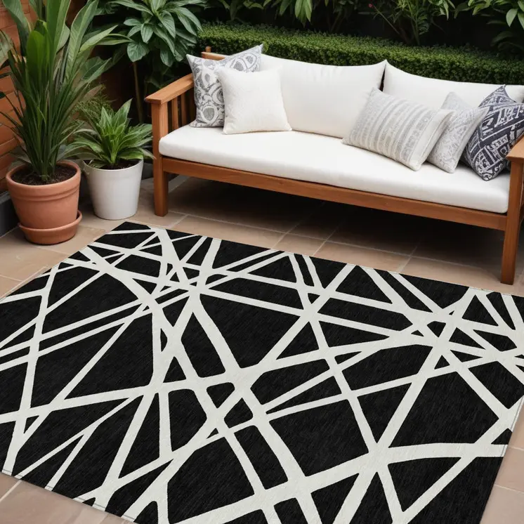 10' X 14' Black And Ivory Geometric Washable Indoor Outdoor Area Rug