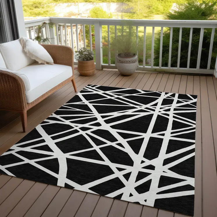 10' X 14' Black And Ivory Geometric Washable Indoor Outdoor Area Rug