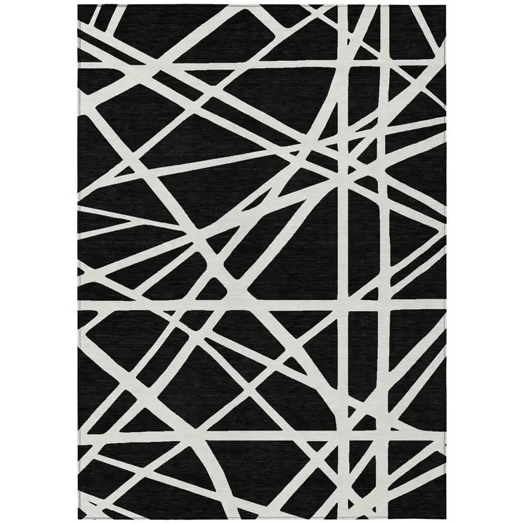 10' X 14' Black And Ivory Geometric Washable Indoor Outdoor Area Rug