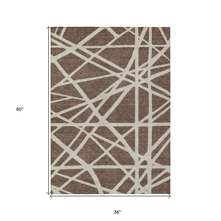 3' X 5' Brown And Beige Geometric Washable Indoor Outdoor Area Rug