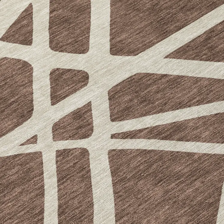 8' Brown And Beige Round Geometric Washable Indoor Outdoor Area Rug
