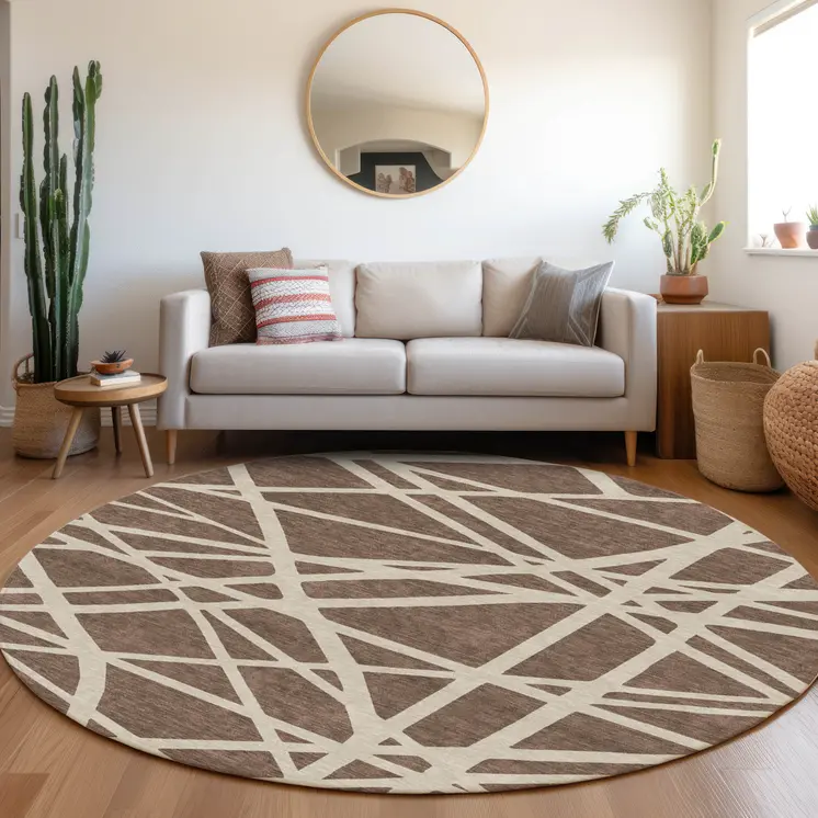 8' Brown And Beige Round Geometric Washable Indoor Outdoor Area Rug