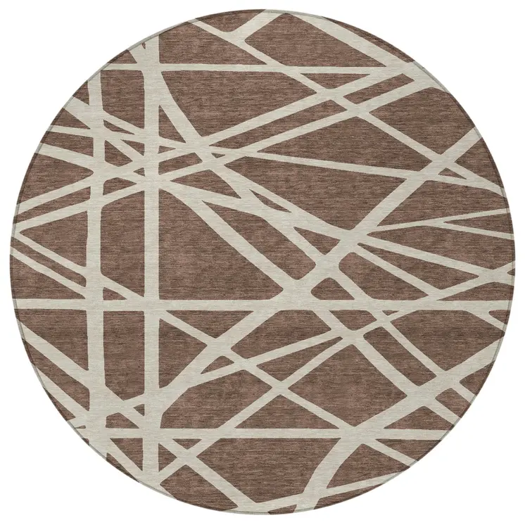 8' Brown And Beige Round Geometric Washable Indoor Outdoor Area Rug