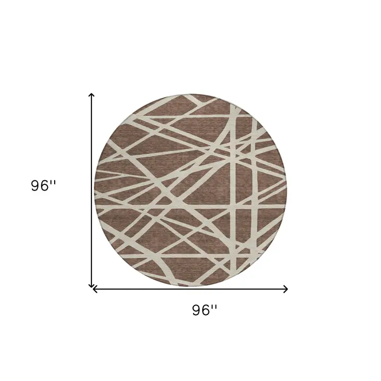 8' Brown And Beige Round Geometric Washable Indoor Outdoor Area Rug
