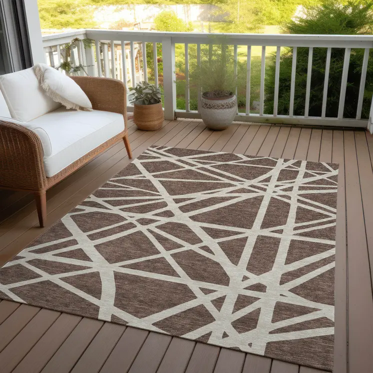 9' X 12' Brown And Beige Geometric Washable Indoor Outdoor Area Rug
