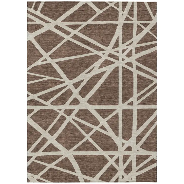 9' X 12' Brown And Beige Geometric Washable Indoor Outdoor Area Rug