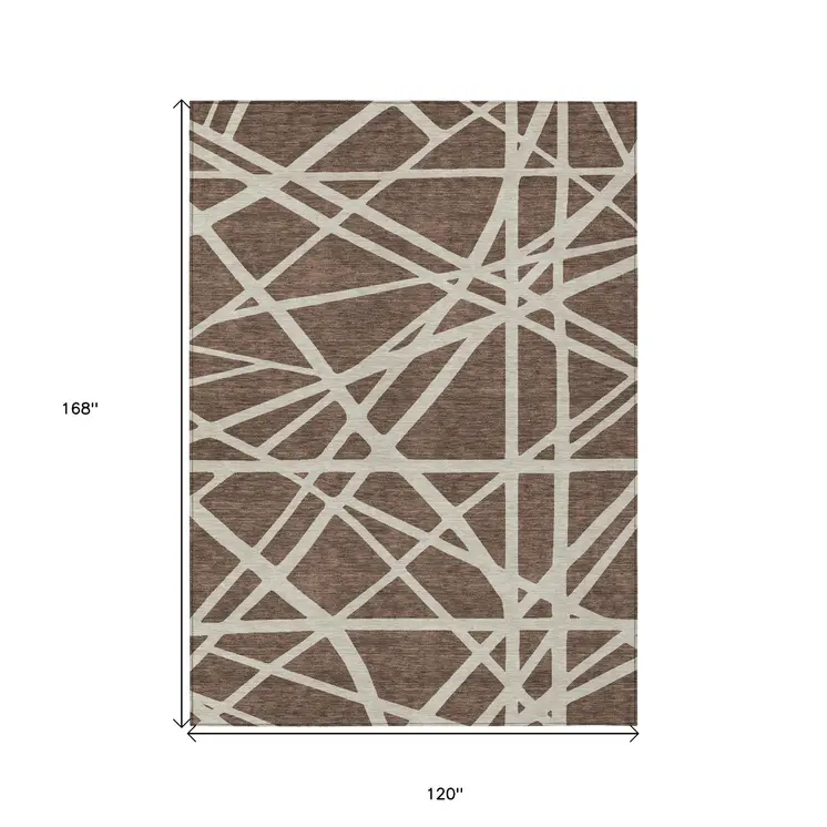 10' X 14' Brown And Beige Geometric Washable Indoor Outdoor Area Rug