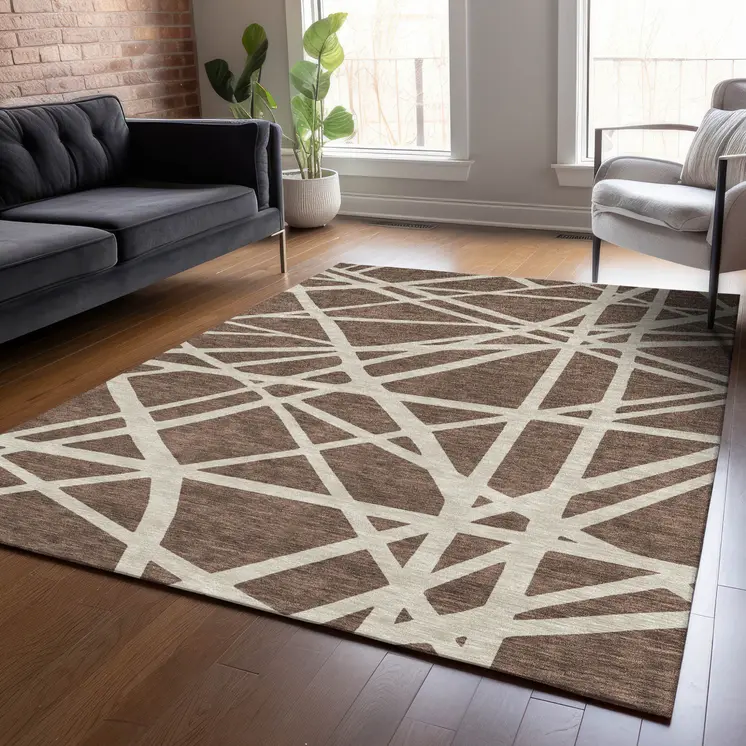 10' X 14' Brown And Beige Geometric Washable Indoor Outdoor Area Rug
