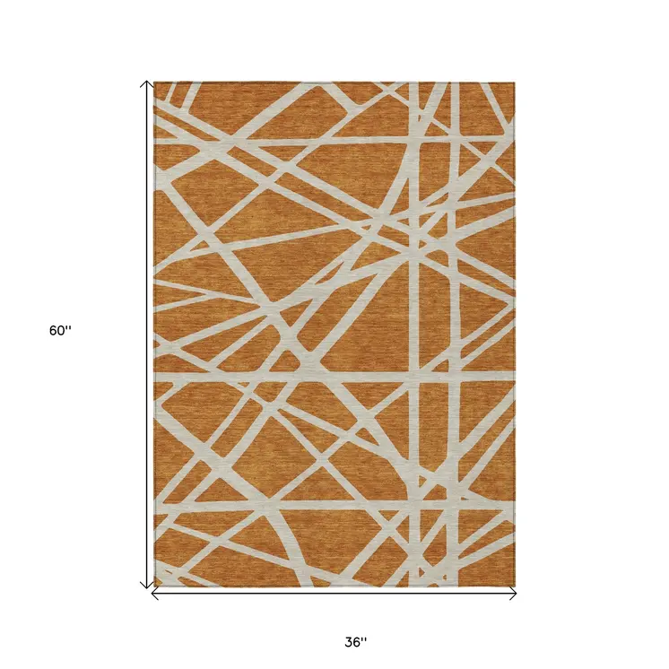 3' X 5' Copper And Beige Geometric Washable Indoor Outdoor Area Rug