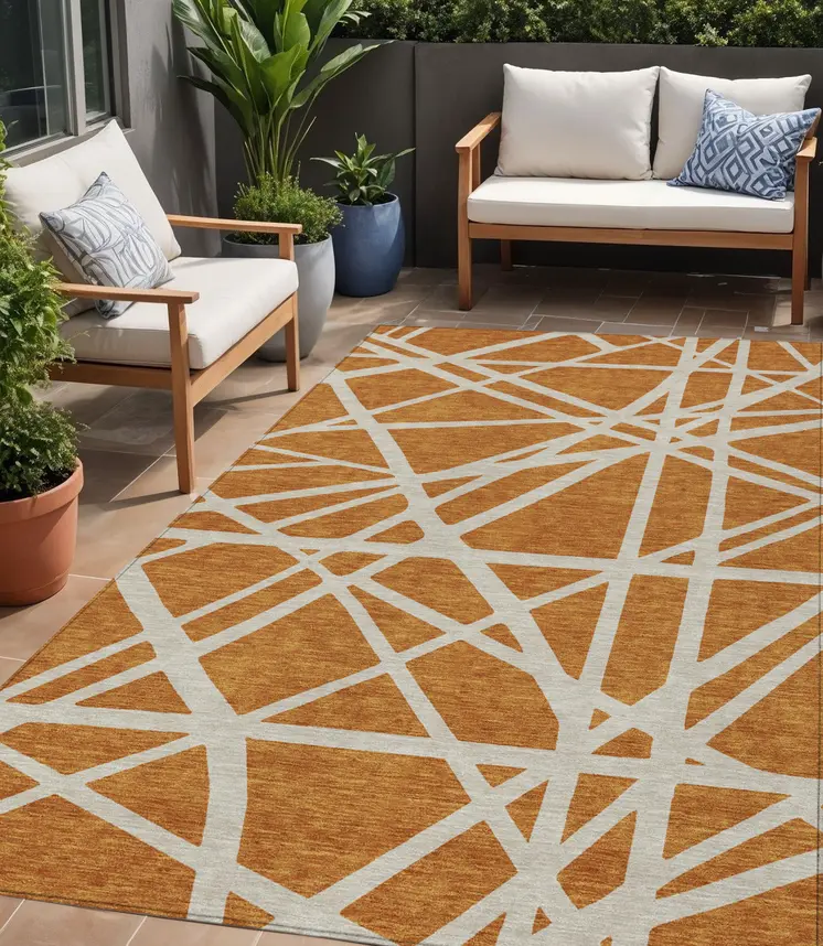 5' X 8' Copper And Beige Geometric Washable Indoor Outdoor Area Rug