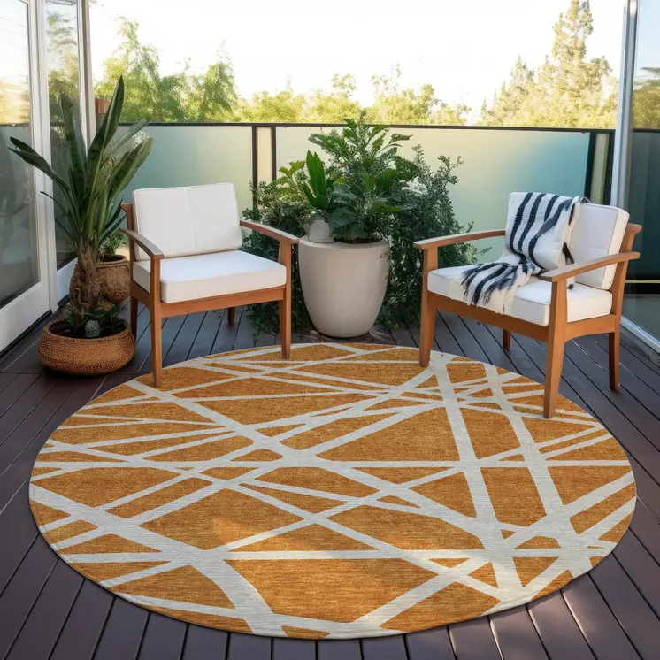 8' Copper And Beige Round Geometric Washable Indoor Outdoor Area Rug